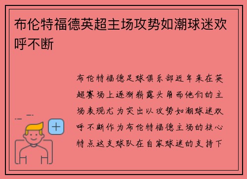 布伦特福德英超主场攻势如潮球迷欢呼不断