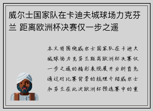 威尔士国家队在卡迪夫城球场力克芬兰 距离欧洲杯决赛仅一步之遥